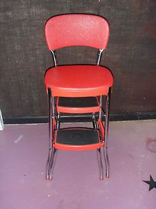 Vintage Sparkle Red Vinyl Cosco Kitchen Step Stool Mid Century Chair Seat Retro