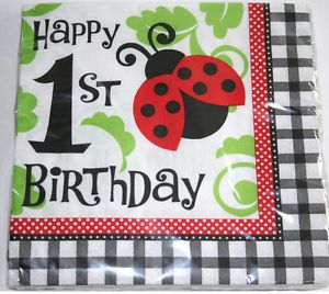 Ladybug Red 1st Birthday 16 Large " Happy 1st Birthday " Napkins Party Supply