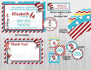 Cat in The Hat Party Package Dr Seuss Birthday Baby Shower Printable Invitation