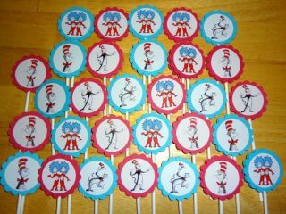 30 Dr Suess The Cat in The Hat Inspired Cupcake Toppers Birthday Party Favors