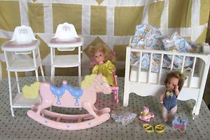 Vintage Mattel Barbie Heart Family Dolls Musical Nursery Crib Chair Horse Lot