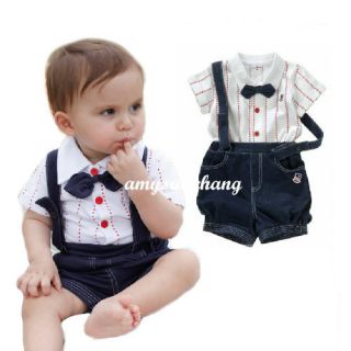 2pcs Baby Boy Top T Shirt Overalls Pants Shorts Set Outfit Clothes Bow Tie 2 3Y