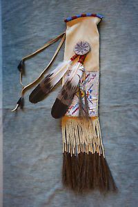 Indian Style Elk Buckskin Beaded Pipe Bag Horse Hair Fringe Painted Feathers