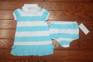 Ralph Lauren SS Blue White Rugby Stripe Dress Bloomers Set Girls 9 Mos