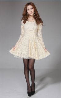 Fashion Women Long Sleeve Spoon Neck Lace Slim Cocktail Party Formal Mini Dress