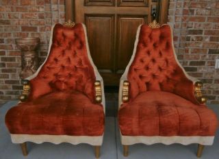 Antique Vintage Pair French Louis XVI High Curved Back Tufted Gilt Wood Chair