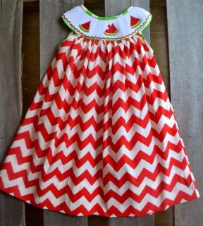 Smocked Girls 2T Bishop Dress Red Chevron Watermelon Summer Smocked A Lot Cute