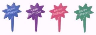 Party Cake Topper Happy Birthday Burst 4 Colors Cupcake Picks 12 Bakery Supplies