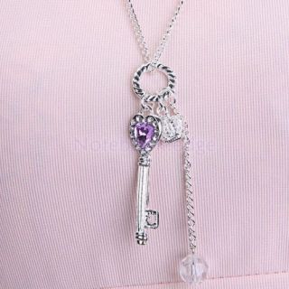 Elegant Lady Girl Heart Key Crown Rhinestone Pendant Necklace Xmas Gift Party