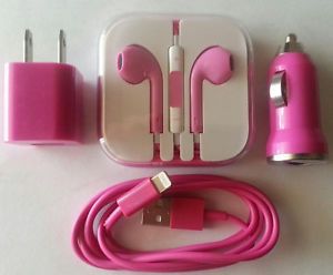 Pink USB Cable Wall Car Charger Earbuds Heaphones Earphones for iPhone 5 iPod