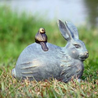 Rabbit Little Bird Friend on Back Garden Bunny Sculpture Outdoor Statue 11 5"W