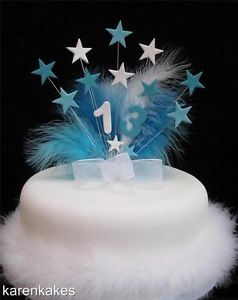 Turquoise and White Star Birthday Cake Topper Any Age with Feathers