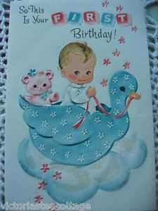 Vintage Greeting Card 'First Birthday' Baby Boy Girl Child Teddy Bear Duck
