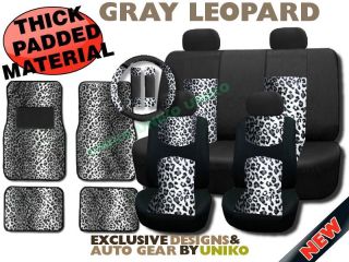 Gray Leopard Mesh Car Seat Covers Floor Mats Steering Wheel Safari CS6