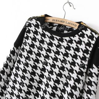 Womens Fashion Crewneck Houndstooth Long Sleeve Knit Pullover Sweaters B3197