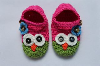 Cute Handmade Knit Crochet Hot Pink Green Owl Baby Hats Boots Newborn Photo Prop