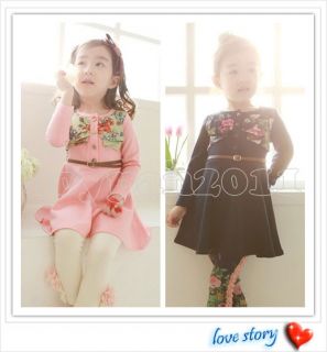 Kids Girls Fashion Cute Princess Party Cotton Long Sleeve Dress with Belt sz2 7Y