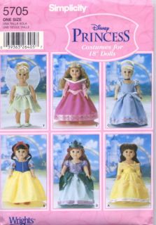 S5705 American Made 18" Girl Doll Clothes Pattern Disney Princess Free US SHIP
