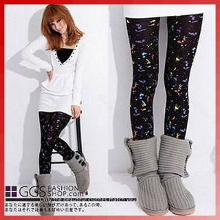 Women Winter Warm Doodle Bamboo Black Thick Terry Tights Footless Leggings Pants