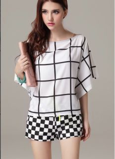 New Womens Fashion Grid Print Short Sleeve Loose Shorts Jumpsuits Rompers B2250