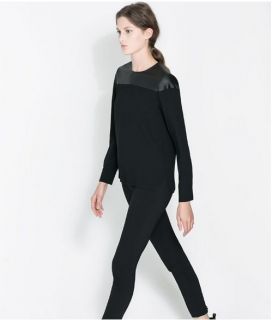 New Womens European Fashion Crewneck PU Leather Splice Shirts Blouse B3805