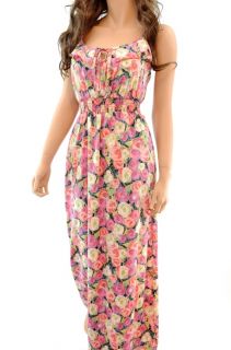 New Pink Roses Floral Print Maxi Long Cute Flowers Summer Beach Dress