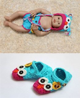 Handmade Knit Crochet Blue Pink Owl Baby Hats Shoes Nappy Newborn Photo Prop