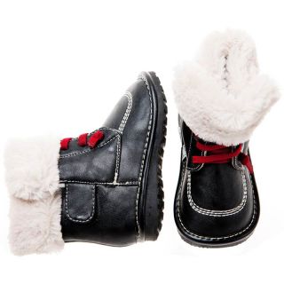 Girls Boys Toddler Childrens Leather Squeaky Boots Black with Fleecy Inners