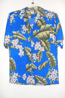 Vintage Aloha Hut Royal Blue Hawaiian Floral Tropical Rayon Shirt S