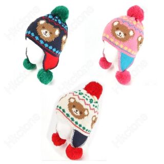 Cute Baby Boys Girls Crochet Ball Ear Flap Bear Pattern Knit Beanie Hat Cap