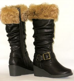 Girls Kids Tall Slouchy Buckle Boots Low Wedge Warm Faux Fur Youth Toddler Size