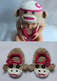 New Handmade Knit Crochet Pink Sock Monkey Baby Hats Shoes Newborn Photo Prop
