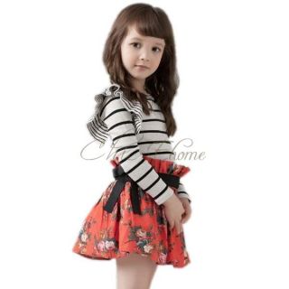 Girl Ruffle Striped Top Dress Floral Flower Party Skirt Kids Baby Autumn Clothes
