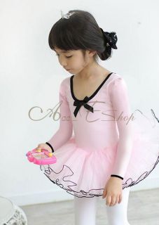 Girls Party Long Sleeve Leotard Pink Ballet Dance Tutu Costume Fairy Dress 3 8Y