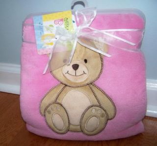 Pink Plush Soft Brown Applique Teddy Bear Blanket Baby U Soft Cuddly New