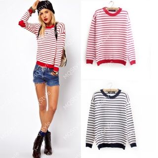 Womens Girls Fashion Slim Crewneck Thin Stripes Long Sleeve Sweaters B2922MS