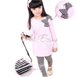 Girl Long Sleeve Shirt Dress Top Bow Stripe Leggings 2pcs Sets Outfit Ages 3 8Y
