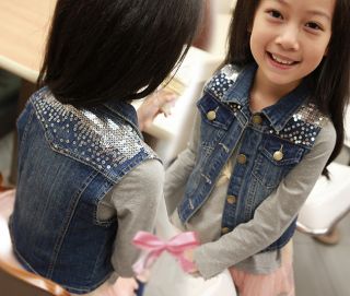 Size 2 6Y New Casual Girls Tops Kids Denim Sequined Vest Jean Jacket GC003