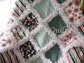 Baby Girl Rag Quilt Retro Pink Gray and Black Butterflies and Blooms