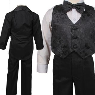 D257 Baby Boys 5pc Christening Jacquard Vest Formal Tuxedo Suit Black