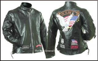 Women Black Leather Motorcycle Jacket Coat with Patches Live to Ride Ladies