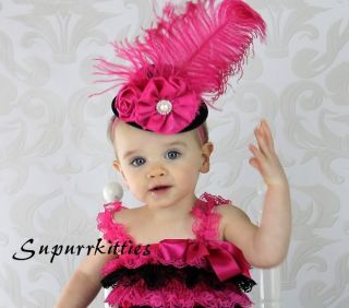 Hot Pink Black Baby Mini Top Hat Headband Feather Vintage Pageant Photo Prop