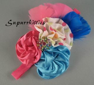 Turquoise Hot Pink Satin Rosette Rhinestone Baby Headband Photo Prop Vintage