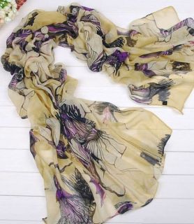 Women Fashion Begonia Flower Ink Style Cotton Neck Scarf Shawl Gift