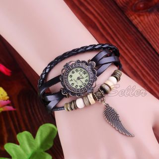 Fashion Women Girl's Retro Wing Weave Wrap PU Leather Bracelet Watch Wristwatch