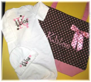 Personalized Baby Diaper Tote Bag Sleeper Gown One Piece Hat Set Outfit Gift