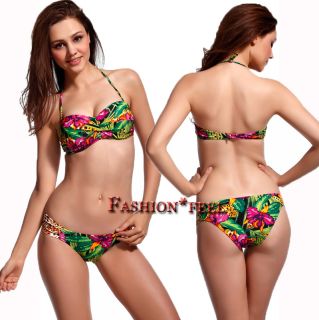 Womens Strapless Push Up Bandeau Top Bottom Bikini Set Floral Swimsuit Swimwear