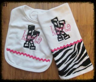 Personalized Monogram Custom Baby Bib Burp Cloth Set Zebra Leopard Camo Hot Pink