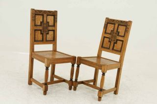 Pair Antique English Arts Crafts Oak Hall Desk Library Chairs