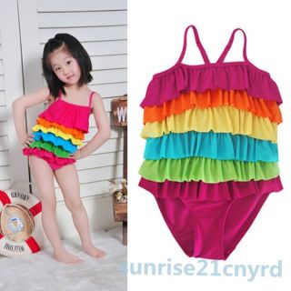 New One Piece Colorful Swimsuit Kids Ruffled Bikinis Girl's Swimwear Size 2 6T